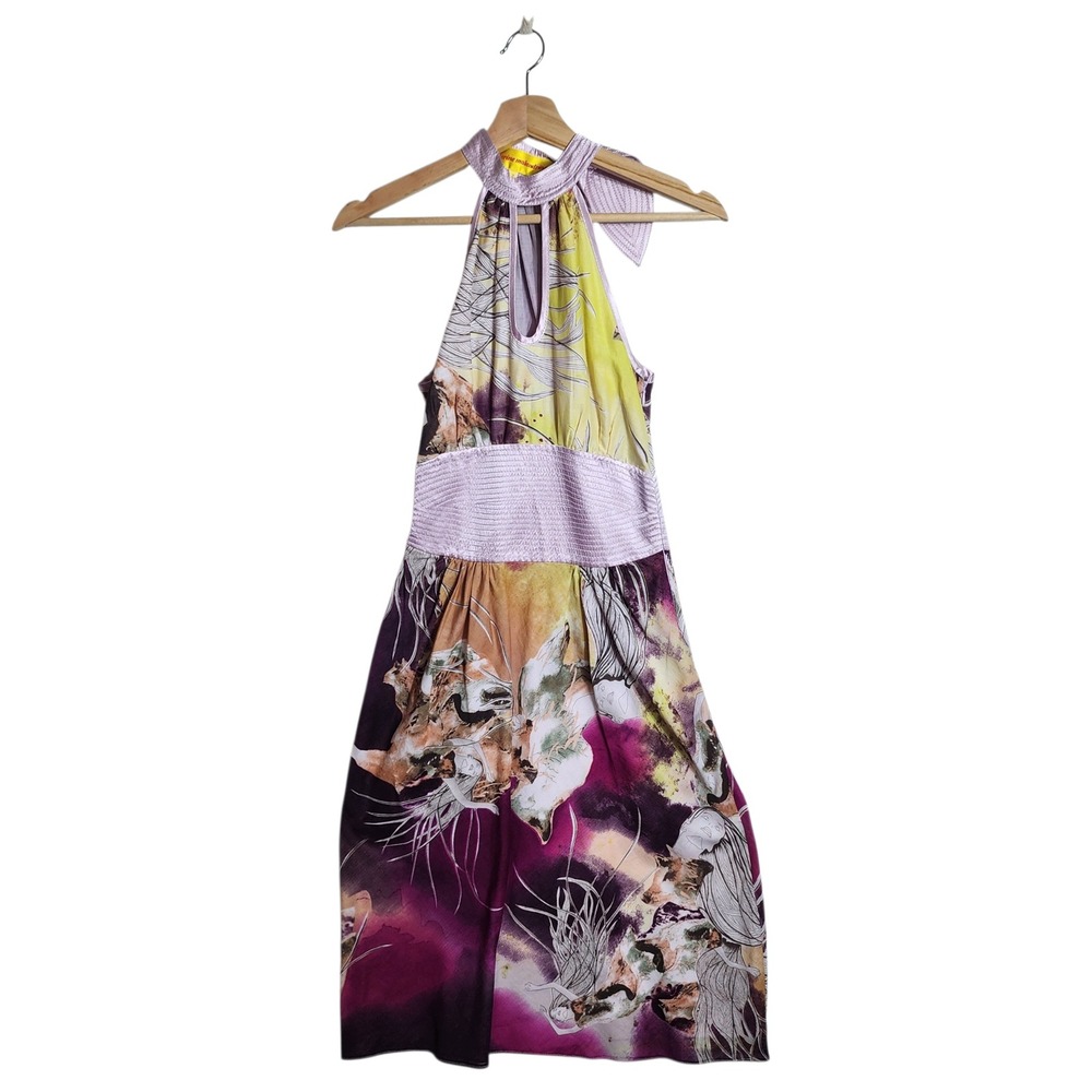 Catherine‎ Malandrino Purple Yellow Watercolor Art Print Halter Cotton Dress 2